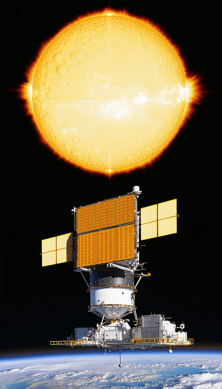 A Large Yellow Satellite Is Shown In The Image, With A Bright Sun In The Background
