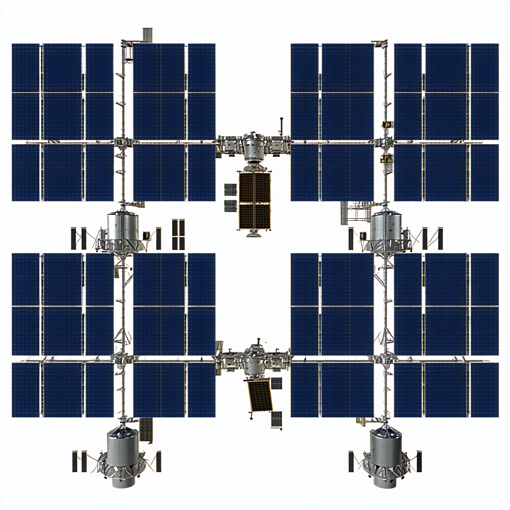 The Image Is A White Background With A Large Spacecraft In The Center