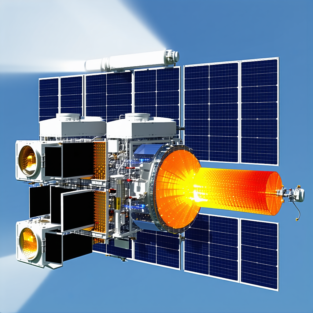 A Spacecraft Is Shown In A Blue Sky, With A Solar Panel On The Side