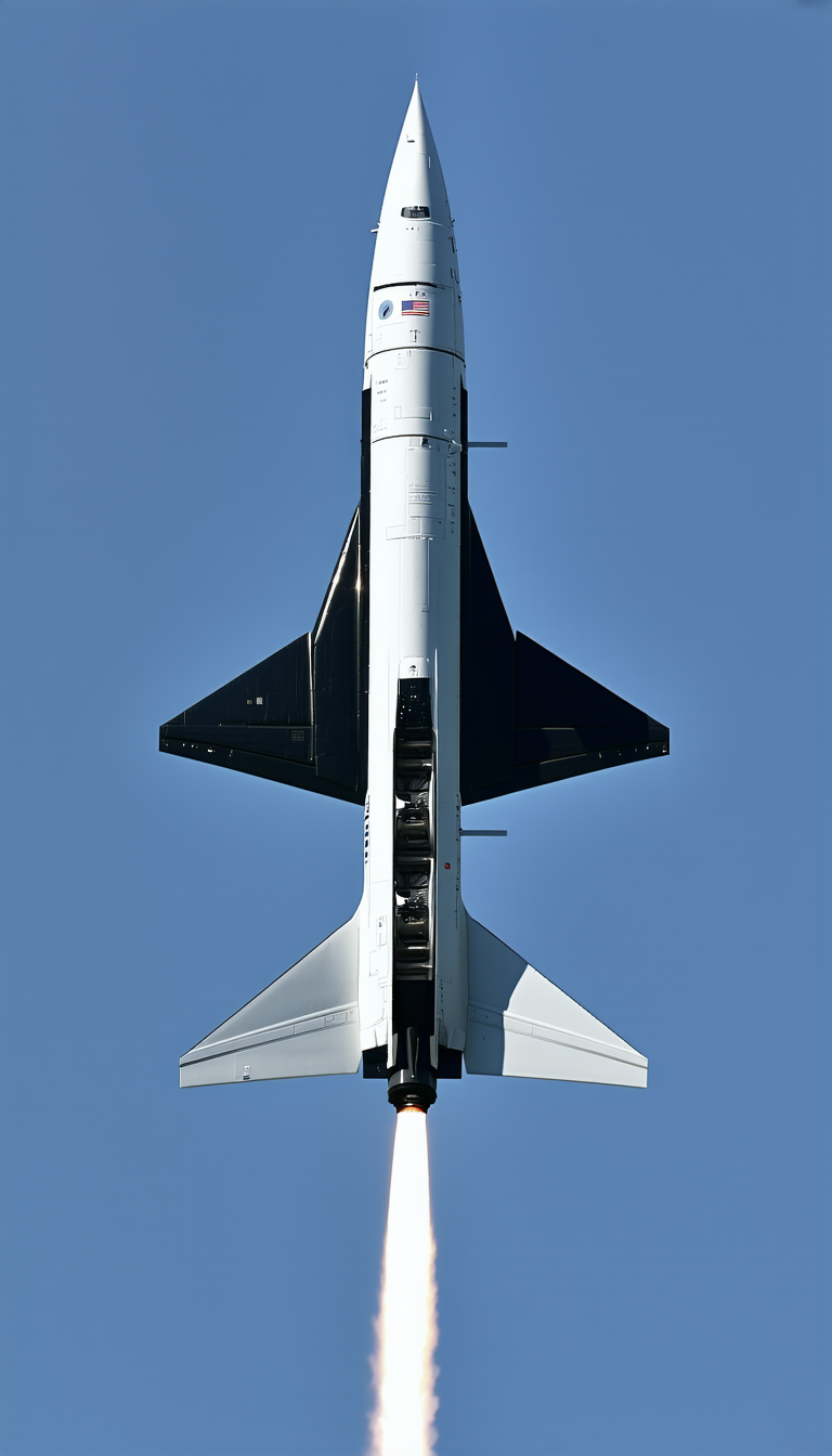 A White And Black Space Shuttle Is Flying Through The Sky