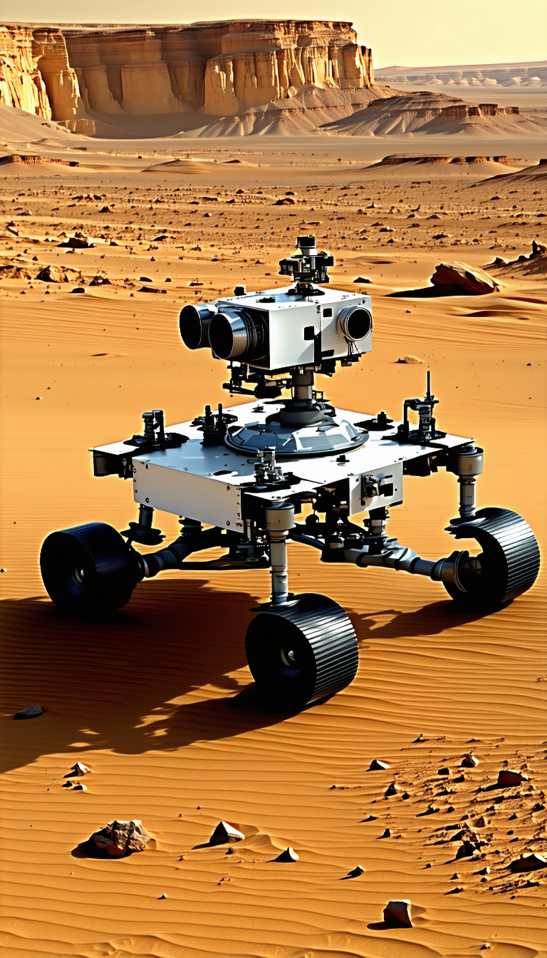 A Large Robotic Vehicle With A Camera On Top, Sitting On A Sandy Surface