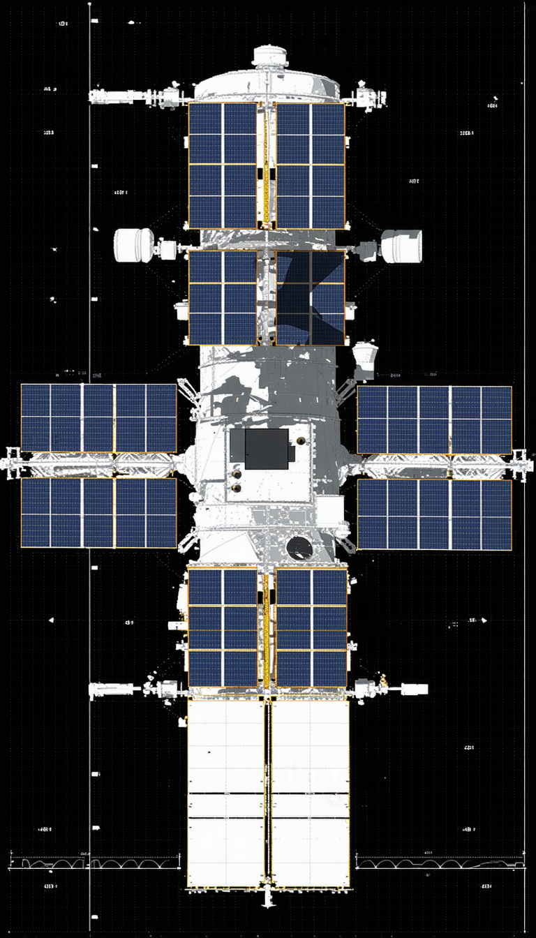 The Image Is A Black And White Drawing Of A Space Station