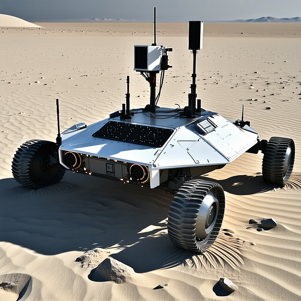 A White Robotic Vehicle, Possibly A Tank Or A Rover, Sitting On A Sandy Surface