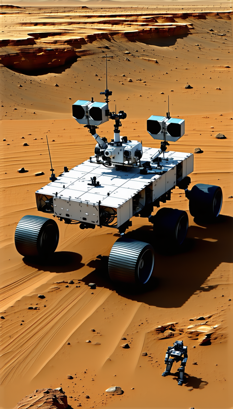 A White Robotic Vehicle With Four Wheels, Driving Across A Sandy Terrain
