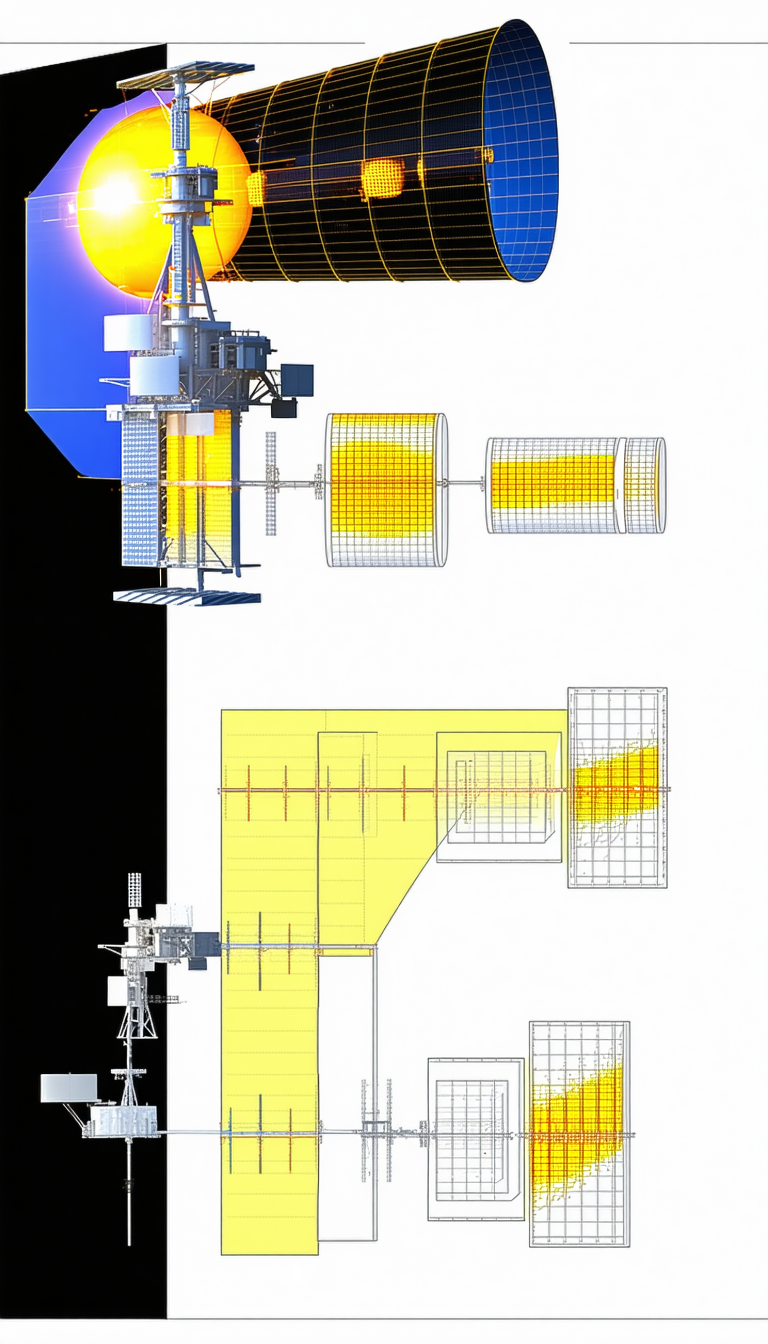 A Large Satellite Is Shown In A Drawing, With A Yellow And Blue Background
