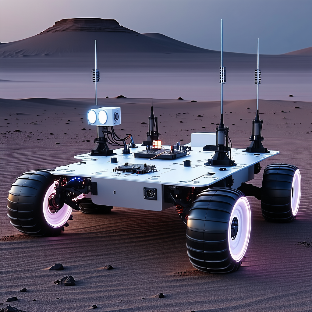 A White Robotic Vehicle With Four Wheels, Driving Across A Sandy Terrain