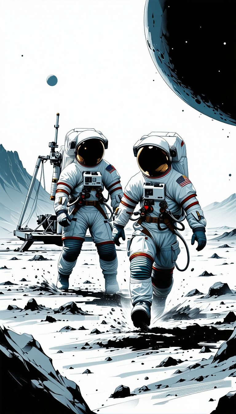 In The Image, There Are Two Astronauts Walking On A Rocky Surface, Possibly On The Moon