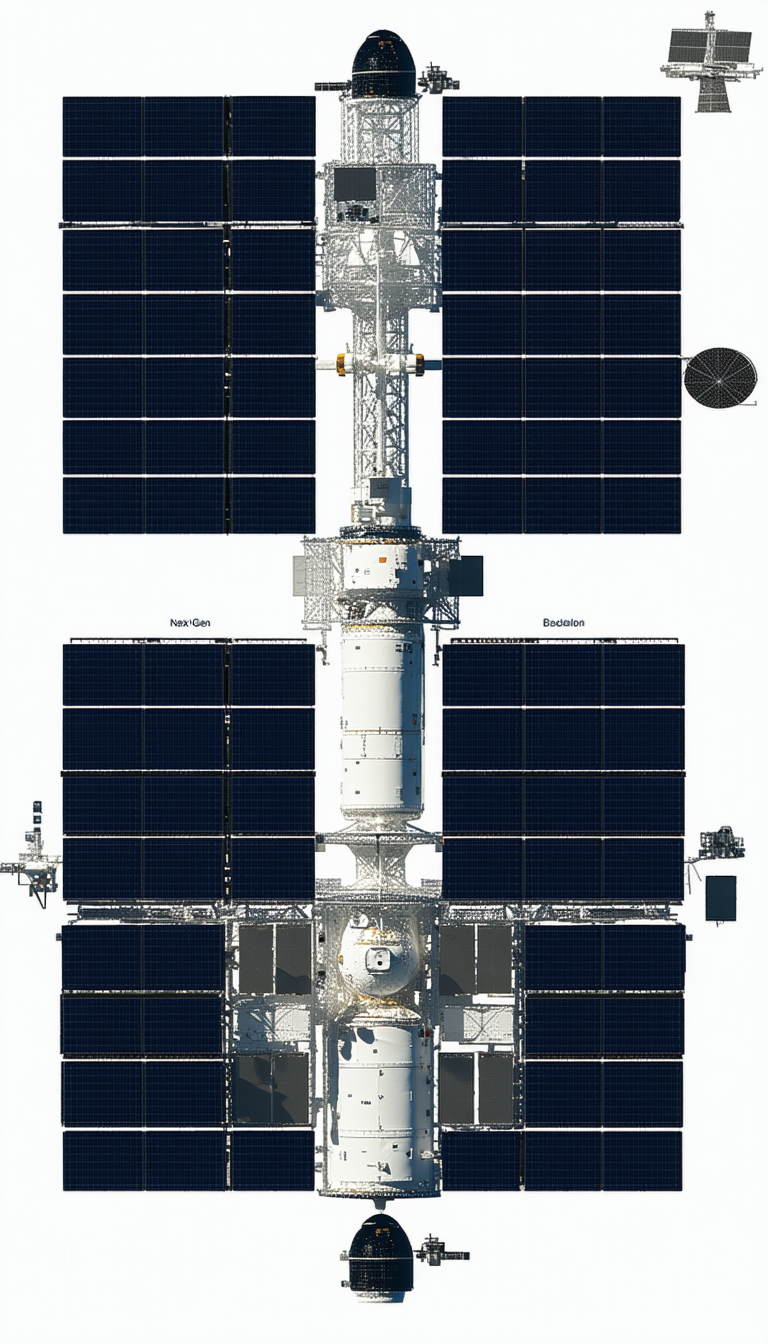 The Image Is A Detailed Drawing Of A Space Station, Showcasing Its Various Components