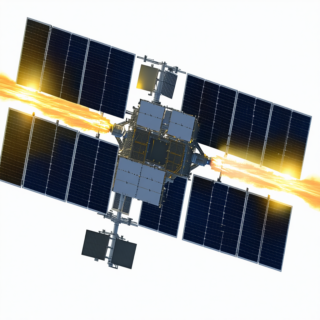 A Spacecraft Is Shown In A Close-up View, With Its Solar Panels And Other Components Clearly Visible