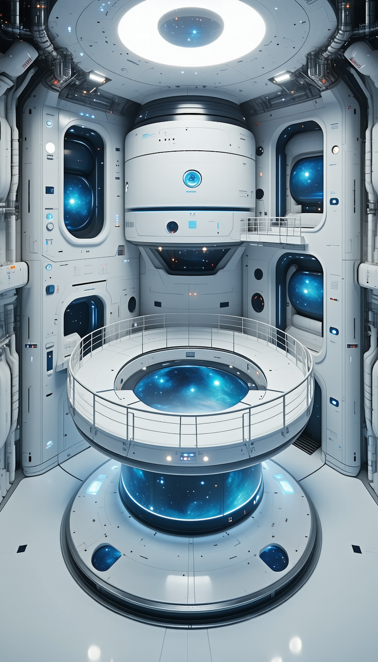 In This Futuristic Space Station, There Is A Large, Round, Blue-lit Room With A Dome-shaped Ceiling