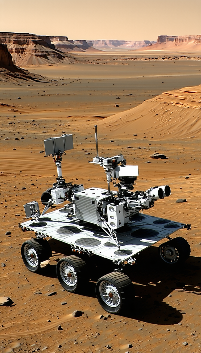 A White And Silver Robotic Vehicle, Possibly A Rover, Sitting On A Dirt Surface