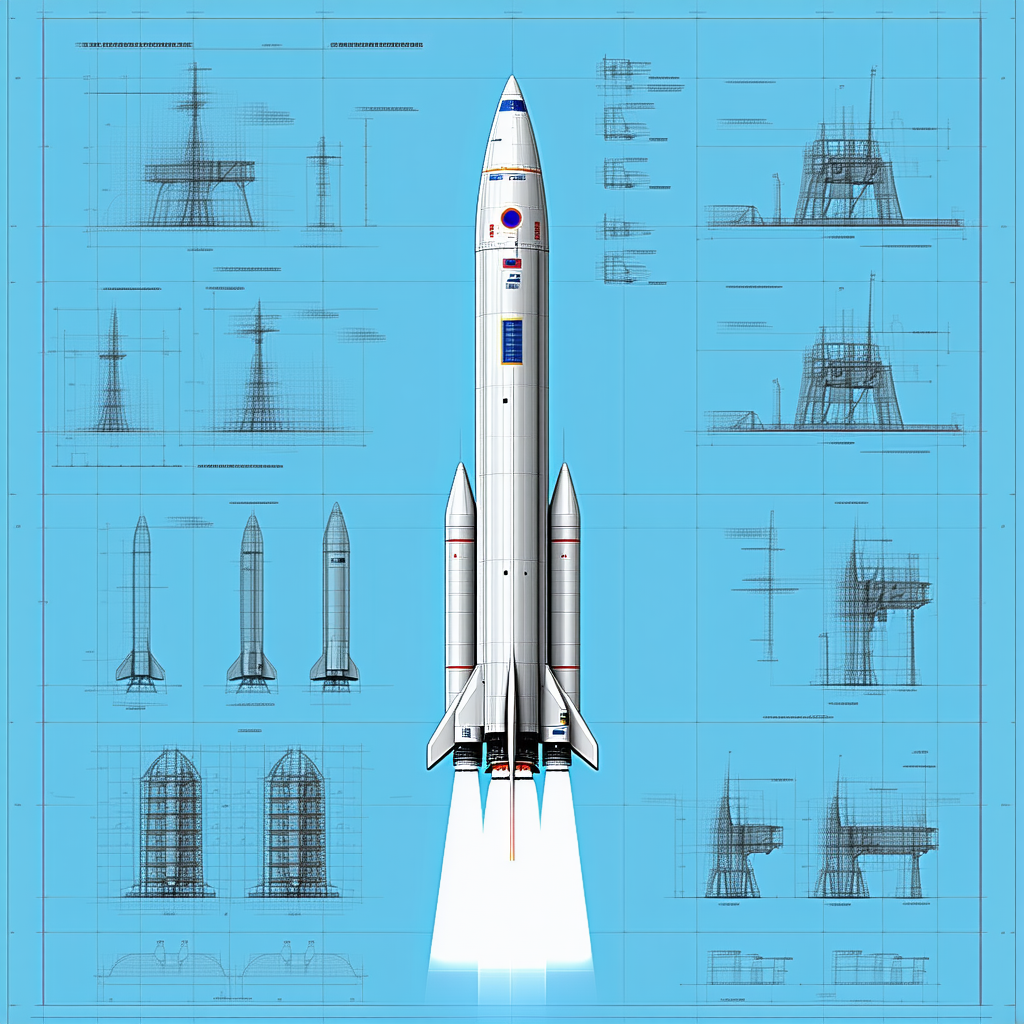 A Space Shuttle Is Shown In A Blue And White Drawing, With A Rocket Booster Attached To The Bottom