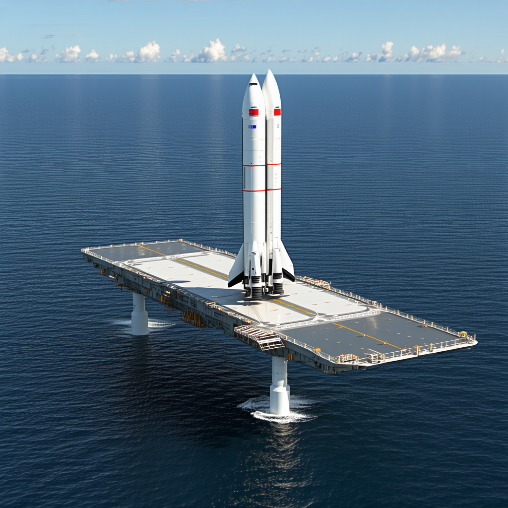 A Large White Rocket Ship Floating On Top Of A Platform In The Ocean
