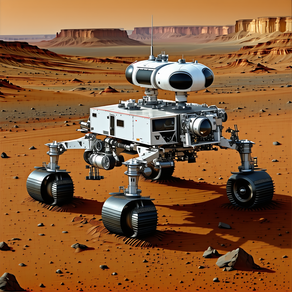 A White Robotic Vehicle With A Large Dome On Top, Sitting On A Rocky Terrain