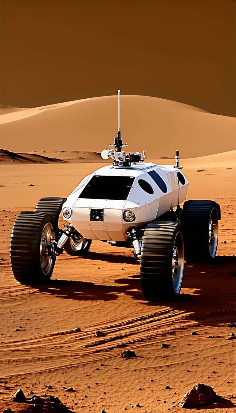 A White Robotic Vehicle With Four Large Wheels, Driving Across A Sandy Terrain