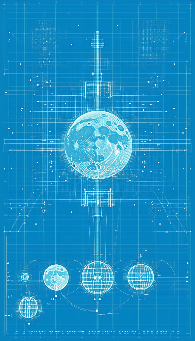 A Blue And White Drawing Of A Moon And A Planet Is Displayed