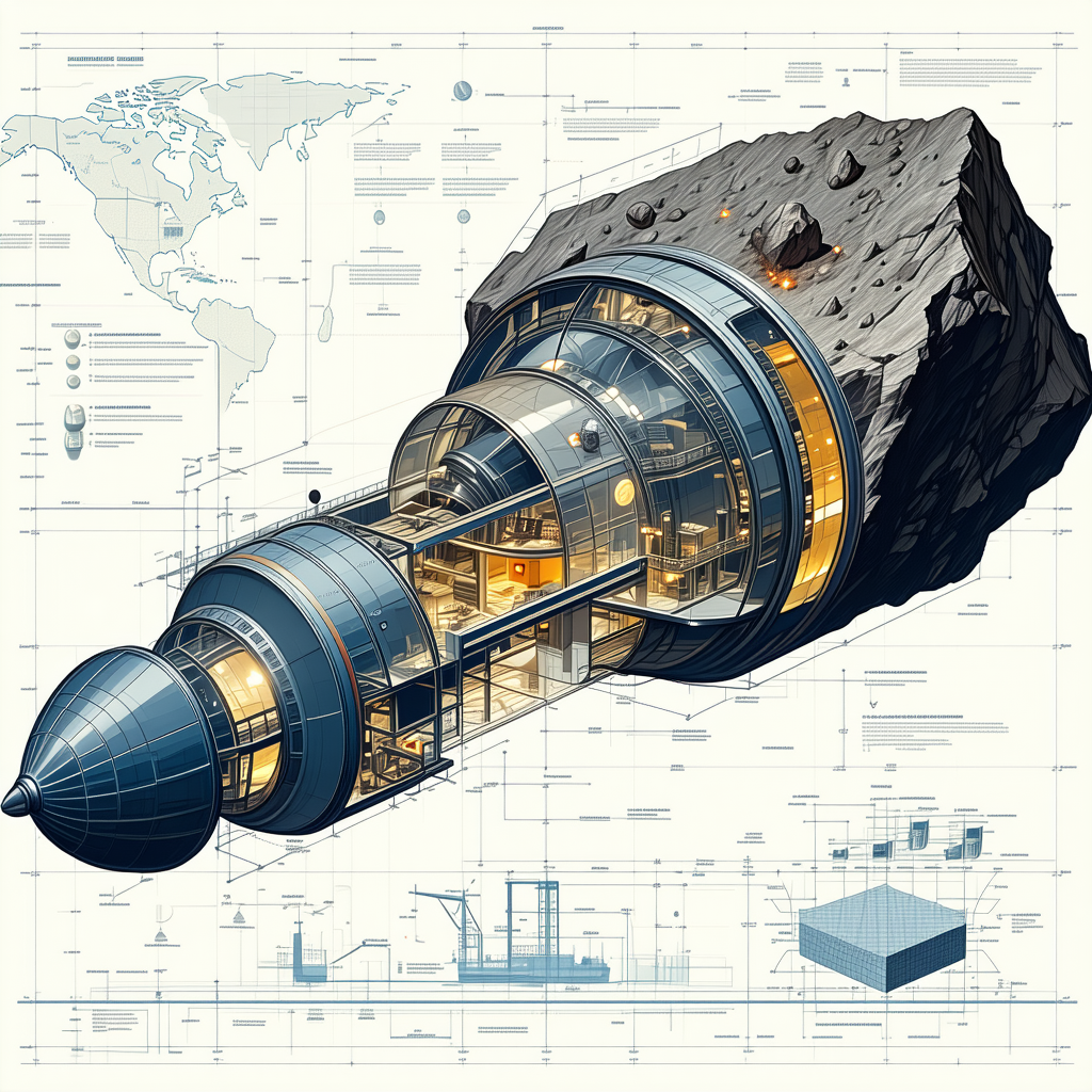 The Image Is A Blueprint Of A Spacecraft, Which Appears To Be A Large, Round, And Metallic Structure