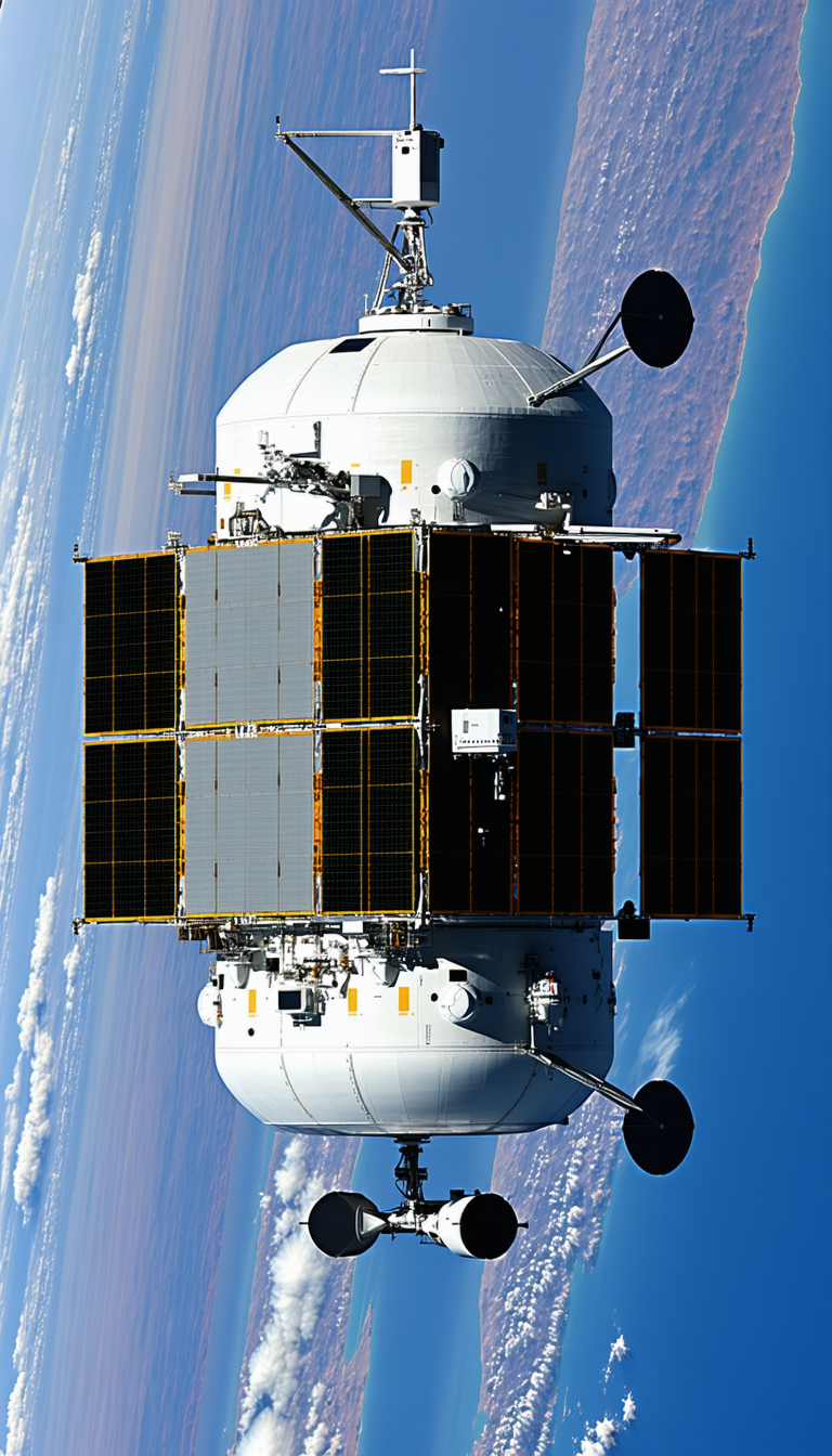 A Spacecraft Is Flying Through The Sky, With A Large Satellite Dish On The Bottom Of The Spacecraft