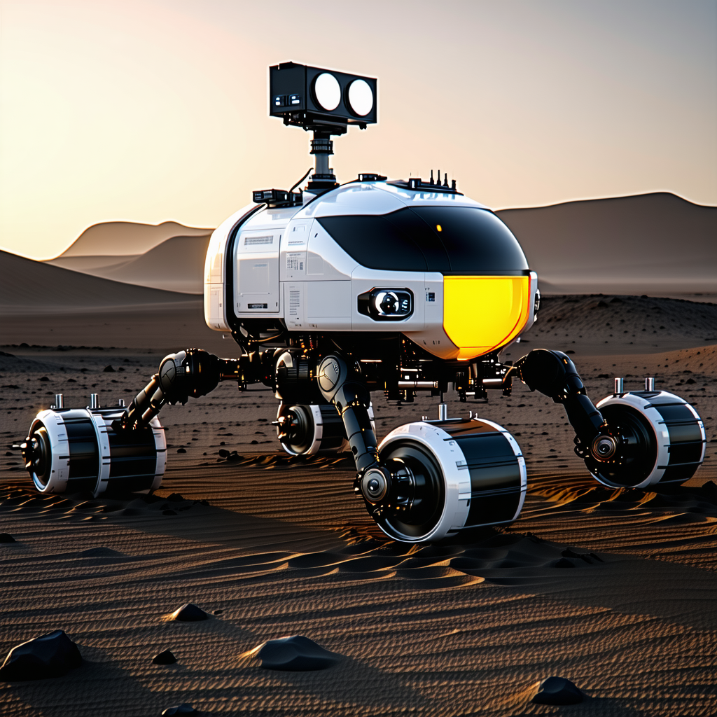 A Futuristic Vehicle, Possibly A Rover Or A Spacecraft, Sitting On A Sandy Surface