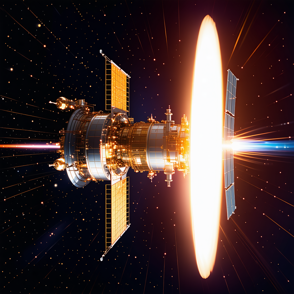 In The Image, There Is A Spacecraft With A Large Dome On Top Of It, Flying Through The Night Sky