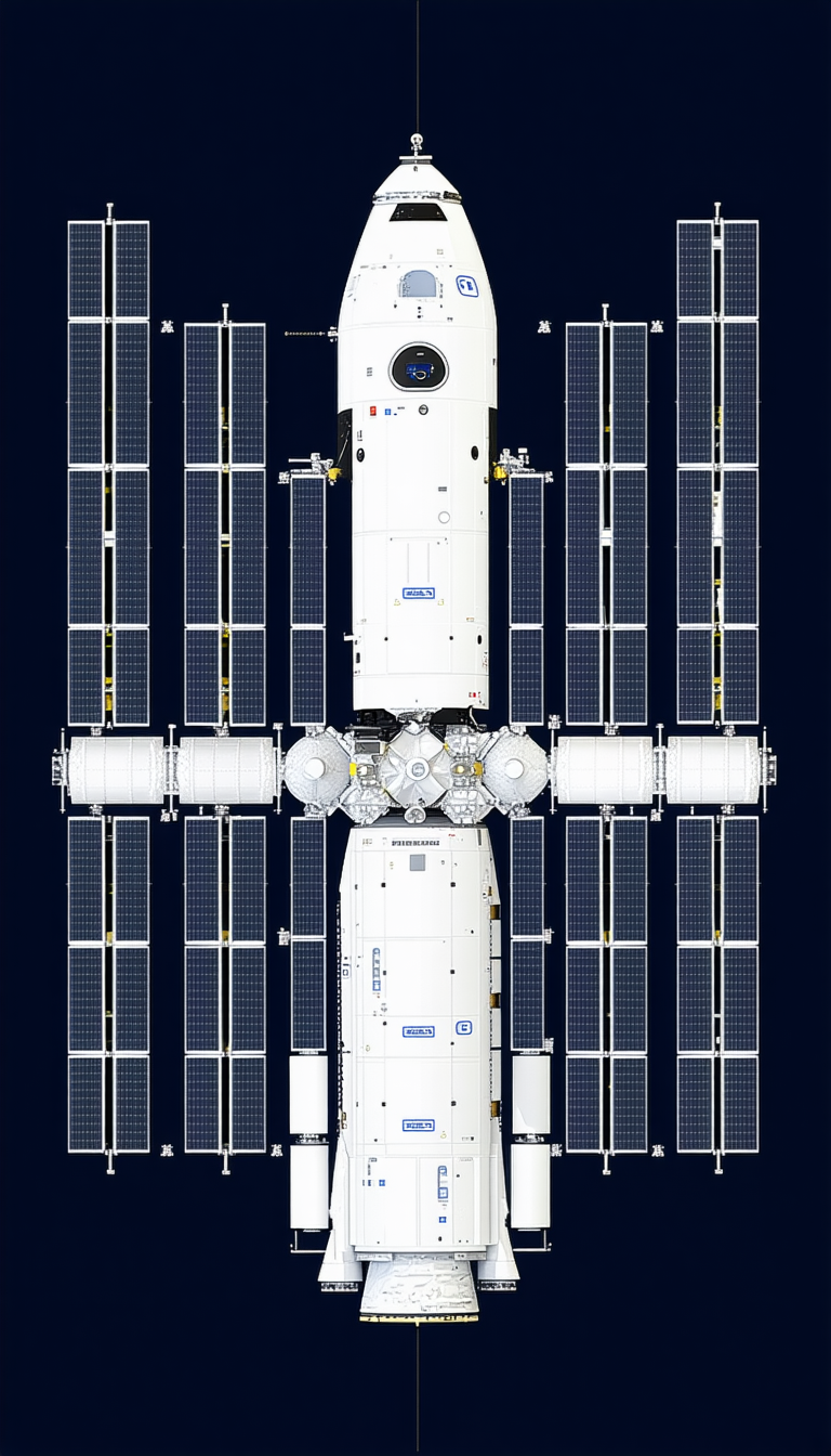 A Large Spacecraft With A White And Blue Color Scheme