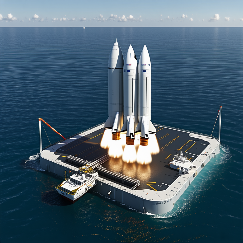 A Large White Rocket Ship On A Runway, With A Blue Ocean In The Background