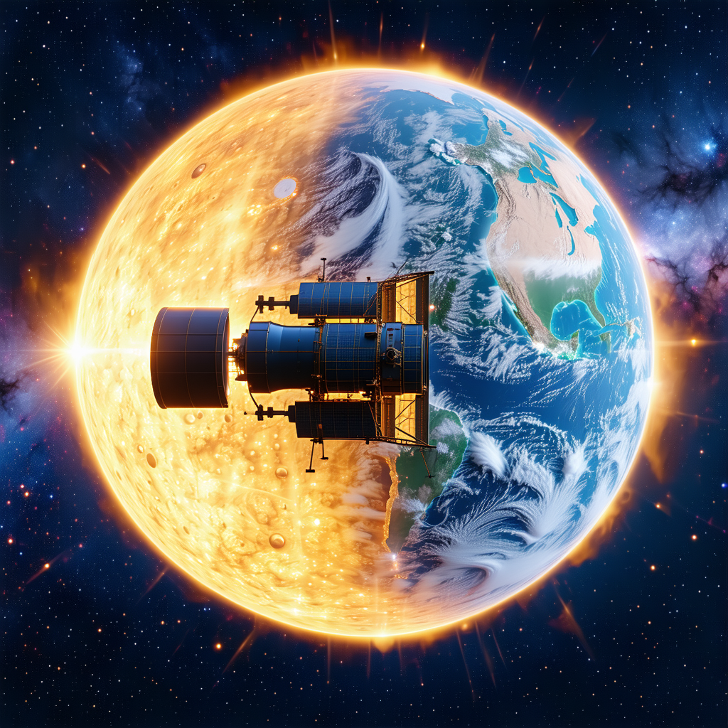 A Large, Bright Sun In The Center Of The Frame, With A Space Shuttle Flying Past It