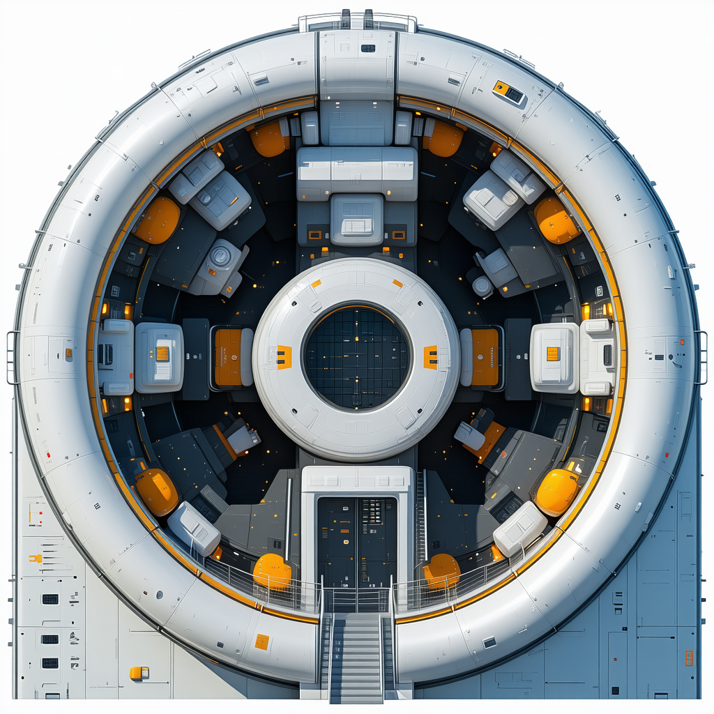The Image Is A 3d Model Of A Space Station, Showcasing Its Interior And Exterior
