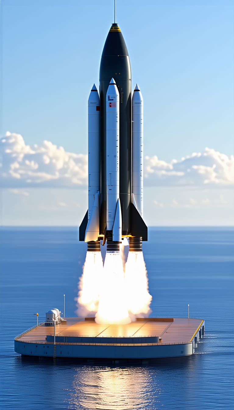 A Large Rocket Is Being Launched From A Platform In The Ocean