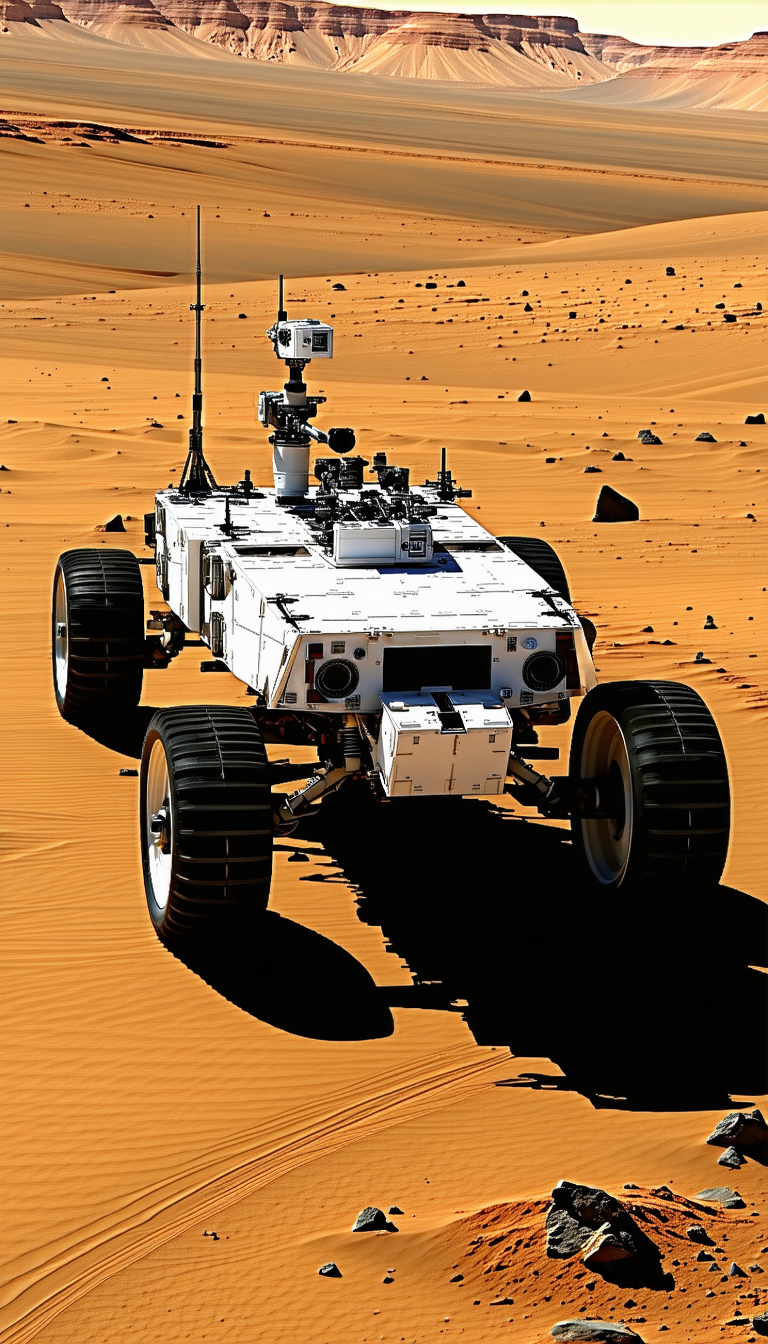 A White Robotic Vehicle With Four Wheels, Driving Across A Sandy Terrain