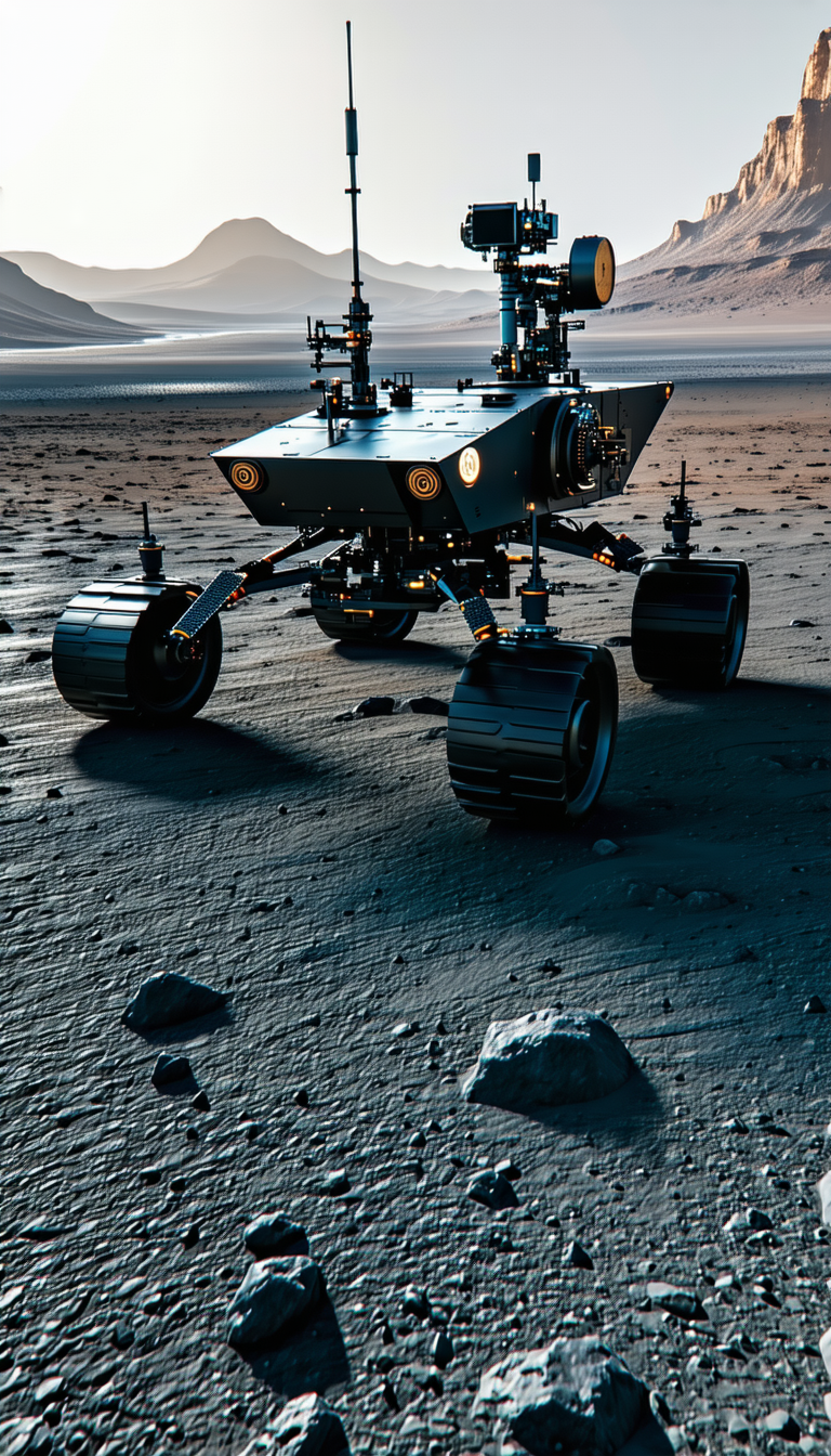 A Robotic Vehicle Is Sitting On A Rocky Surface, Possibly A Beach Or A Desert