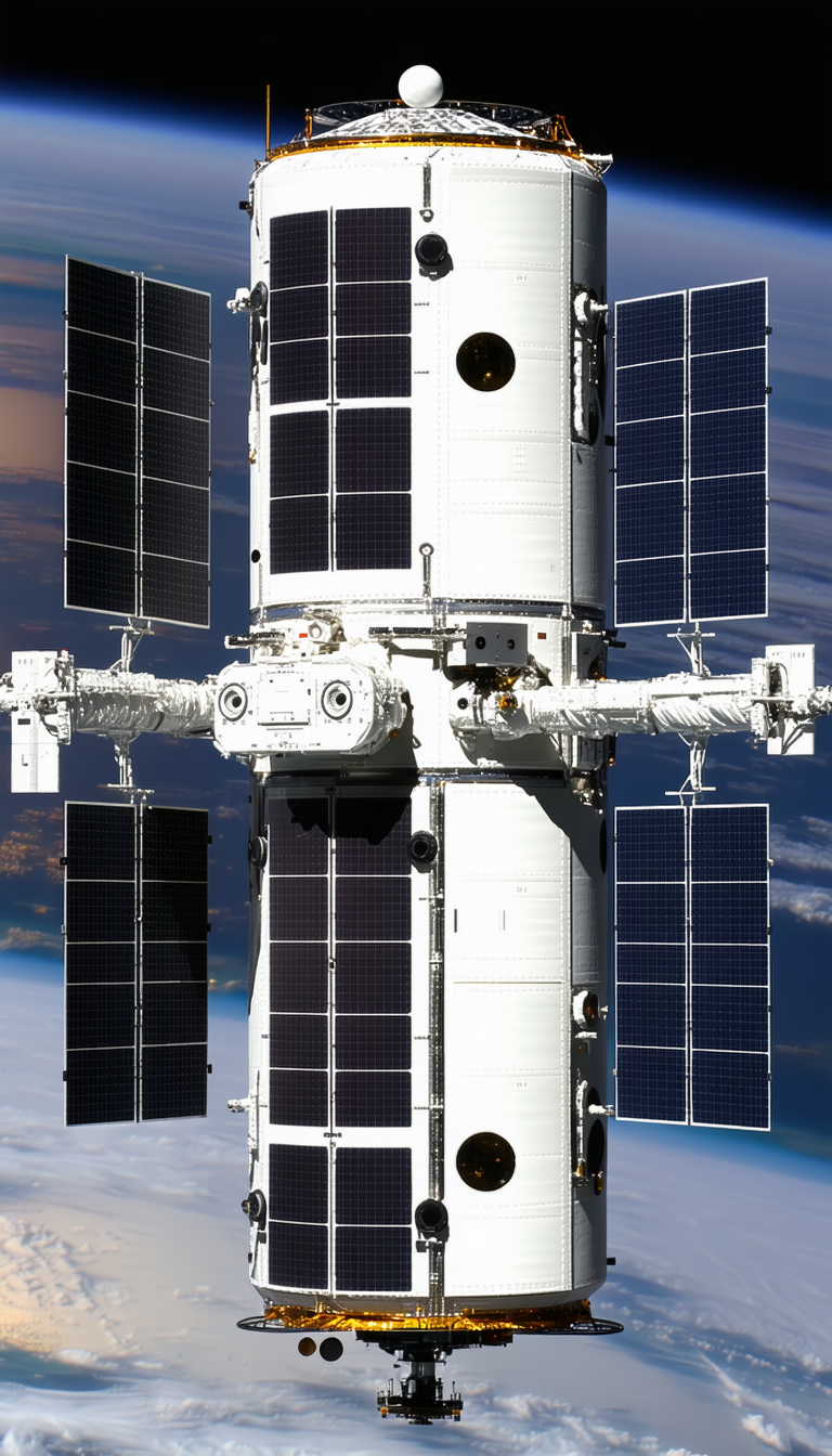 A Large White Spacecraft With A Solar Panel On Its Side