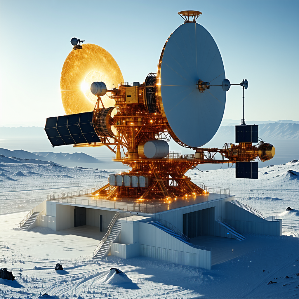 A Large, Yellow Satellite Dish Is Sitting In The Snow
