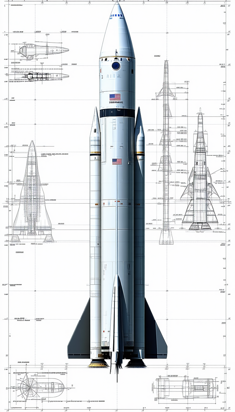 A White Rocket Ship Is Shown In A Drawing, With A Large American Flag On The Side