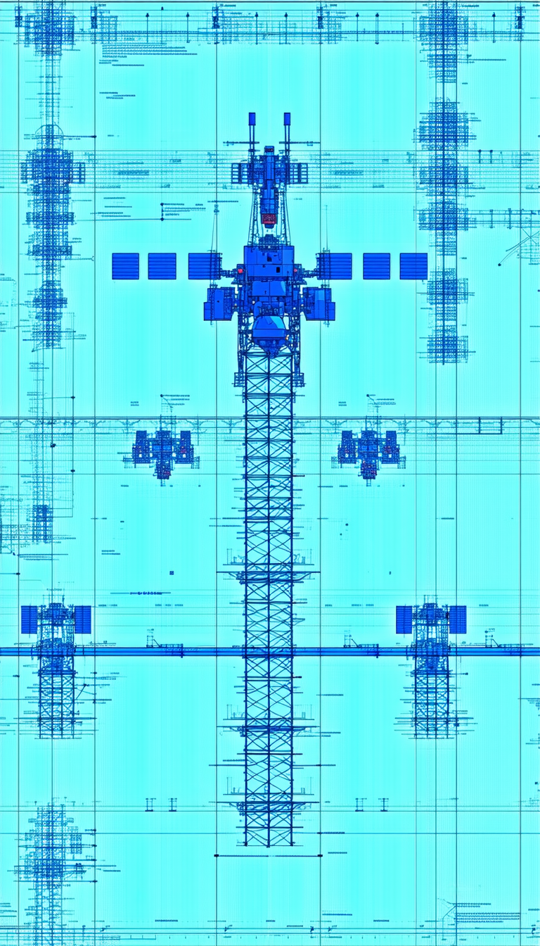 A Blue And White Drawing Of A Space Station Is Displayed