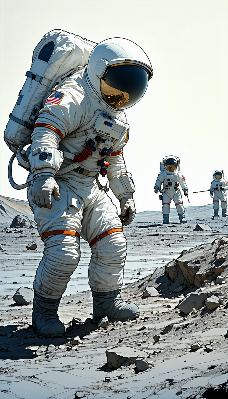 In The Image, There Are Three Astronauts Standing On A Rocky Surface, Possibly On The Moon