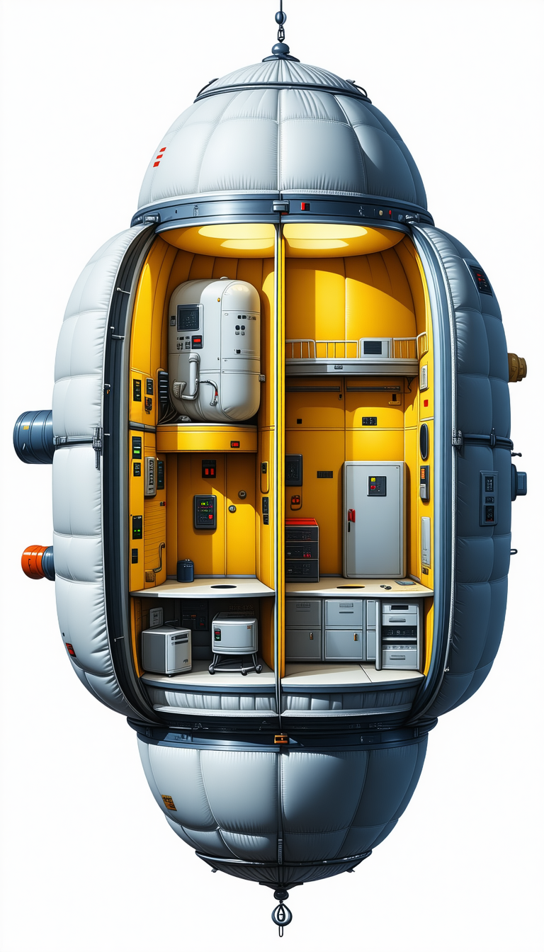In The Image, There Is A Large, Round, White And Yellow Spacecraft With A Hollow Interior
