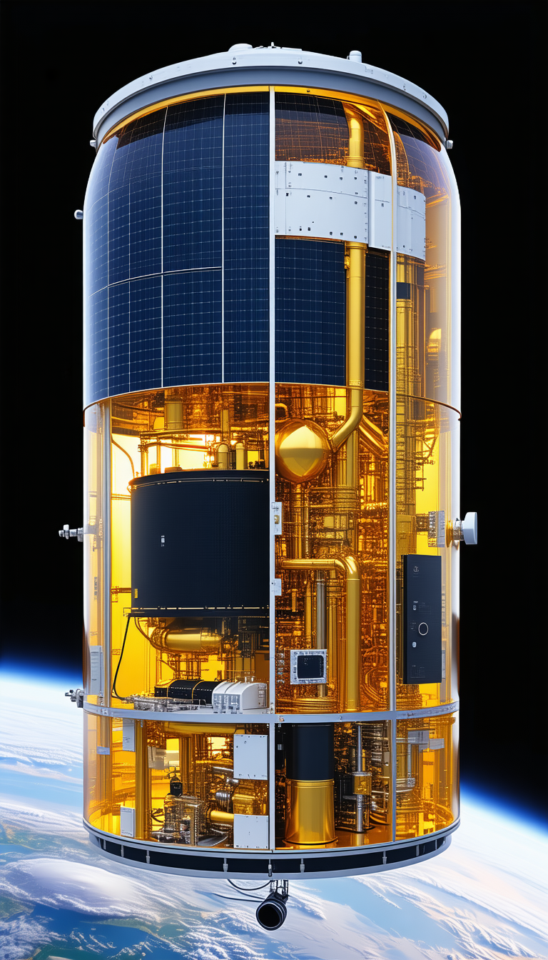 A Large, Yellow, And Black Spacecraft With A Solar Panel On Top