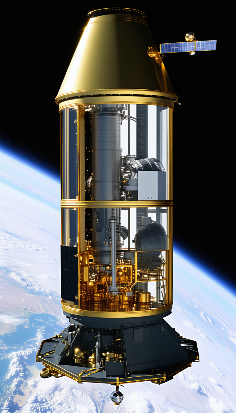 A Large, Gold-colored Structure With A Dome-shaped Top, Resembling A Space Station Or A Satellite
