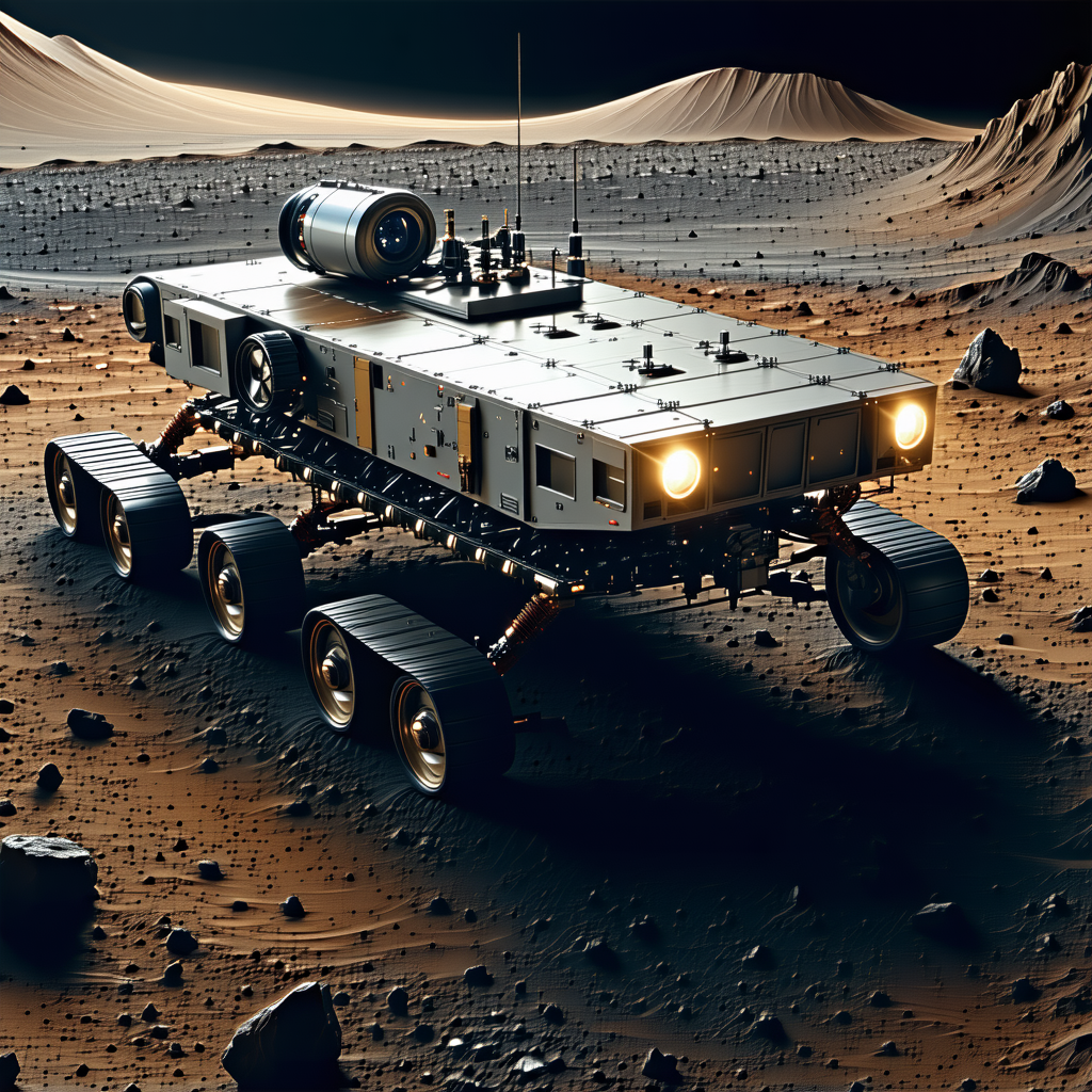 A Futuristic Vehicle Is Parked On A Rocky Surface, Possibly On A Distant Planet