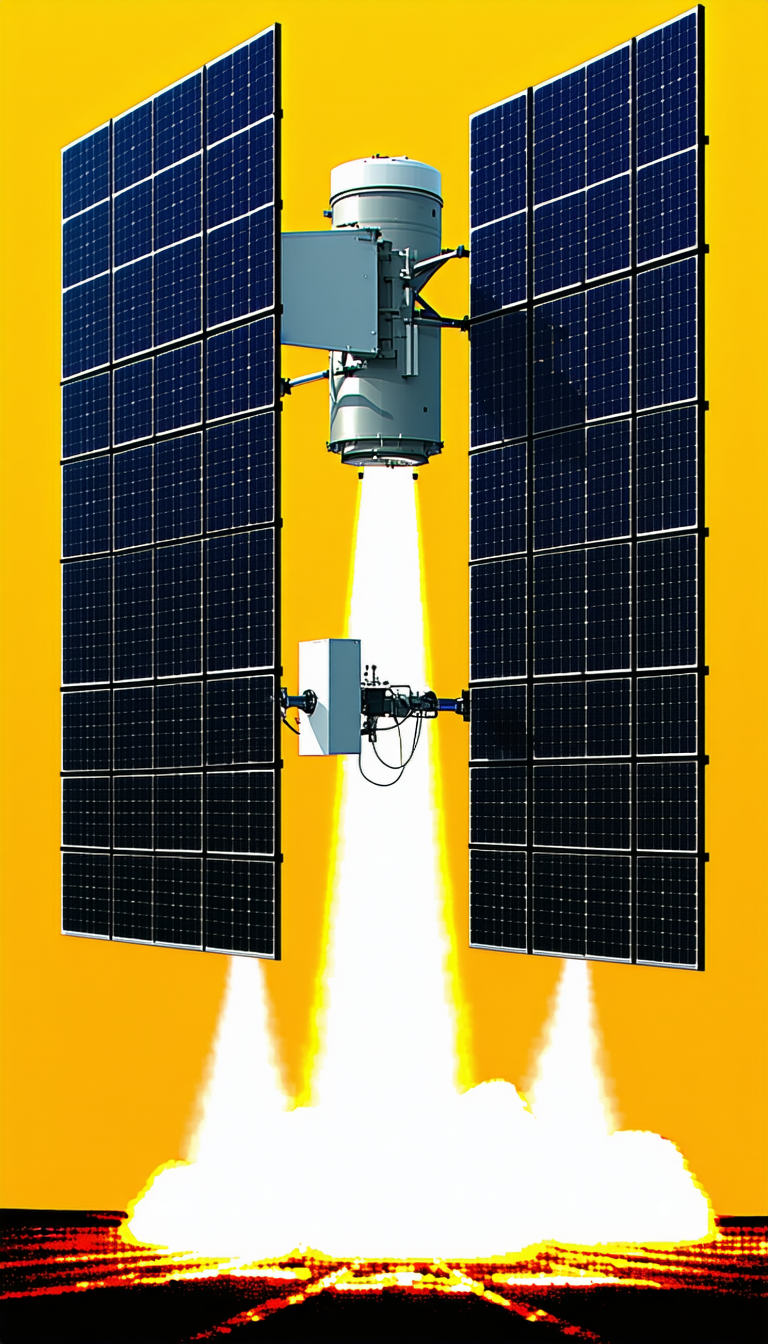 A Spacecraft With A Large Antenna On Its Side, Flying Through The Air
