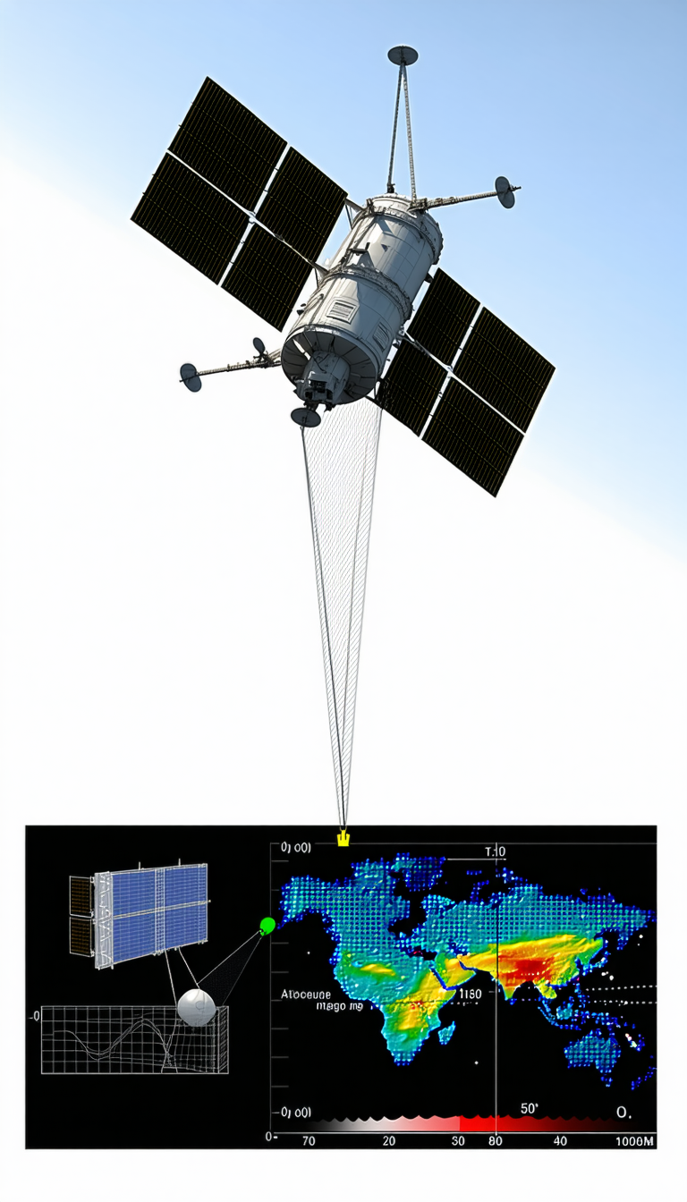A Satellite In Space, With A Large Antenna Extending From It