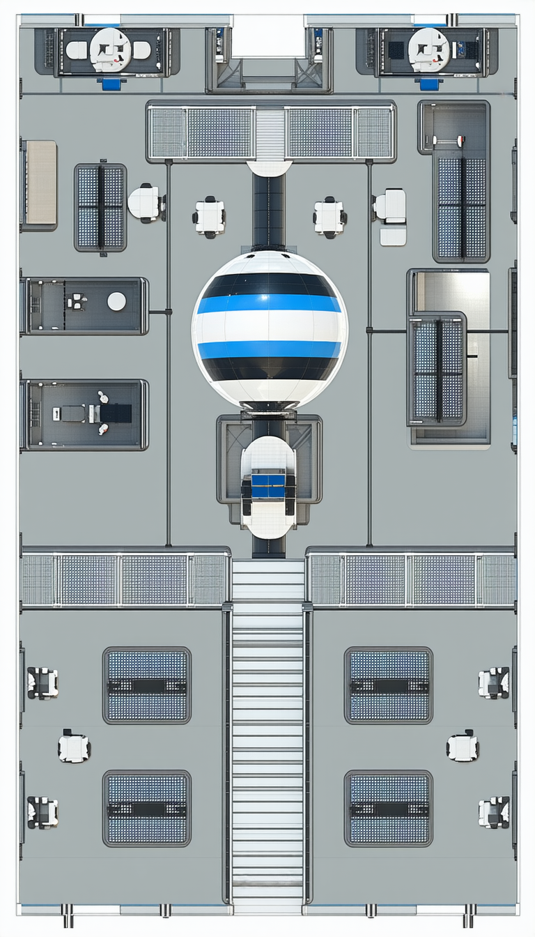 A Large White And Blue Sphere Is Located In The Center Of A Room