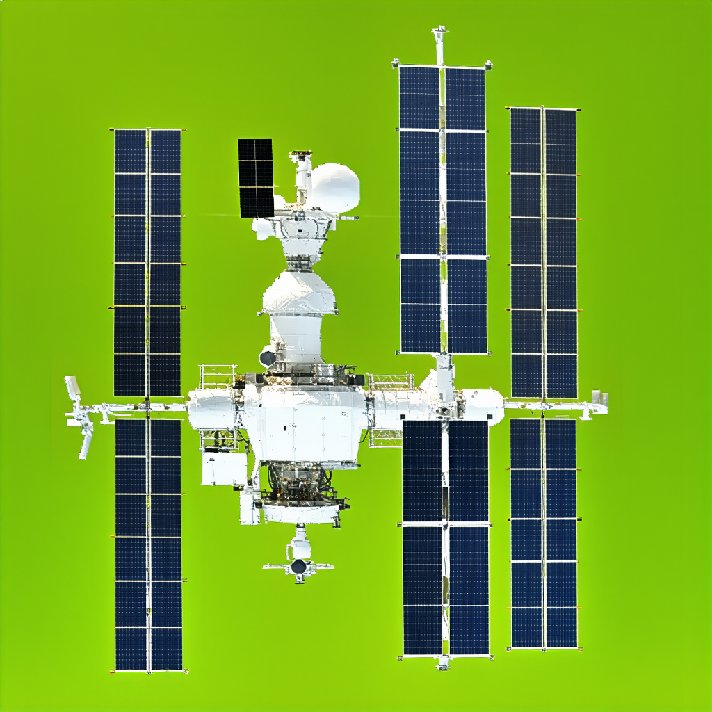 A Large Spacecraft With A White And Blue Color Scheme