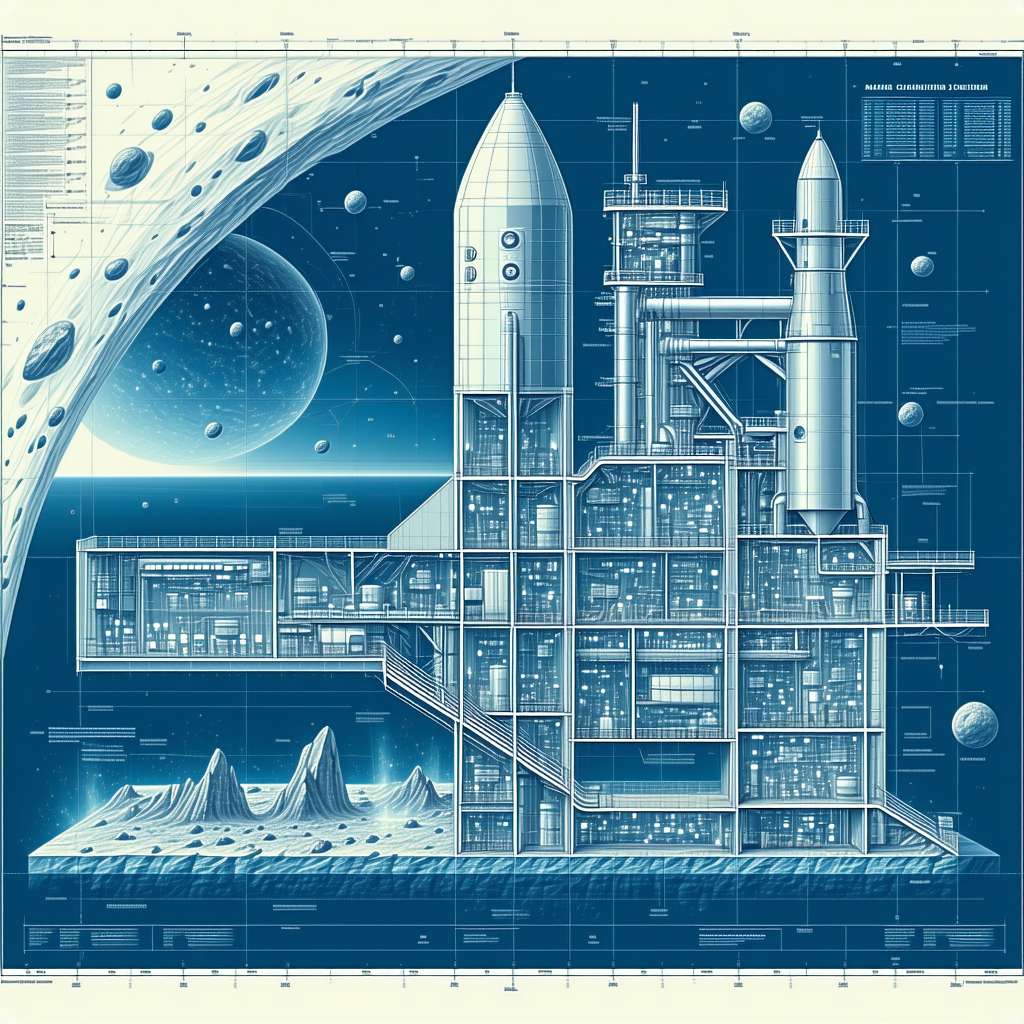 A Large Space Station Is Shown In A Blue And White Drawing
