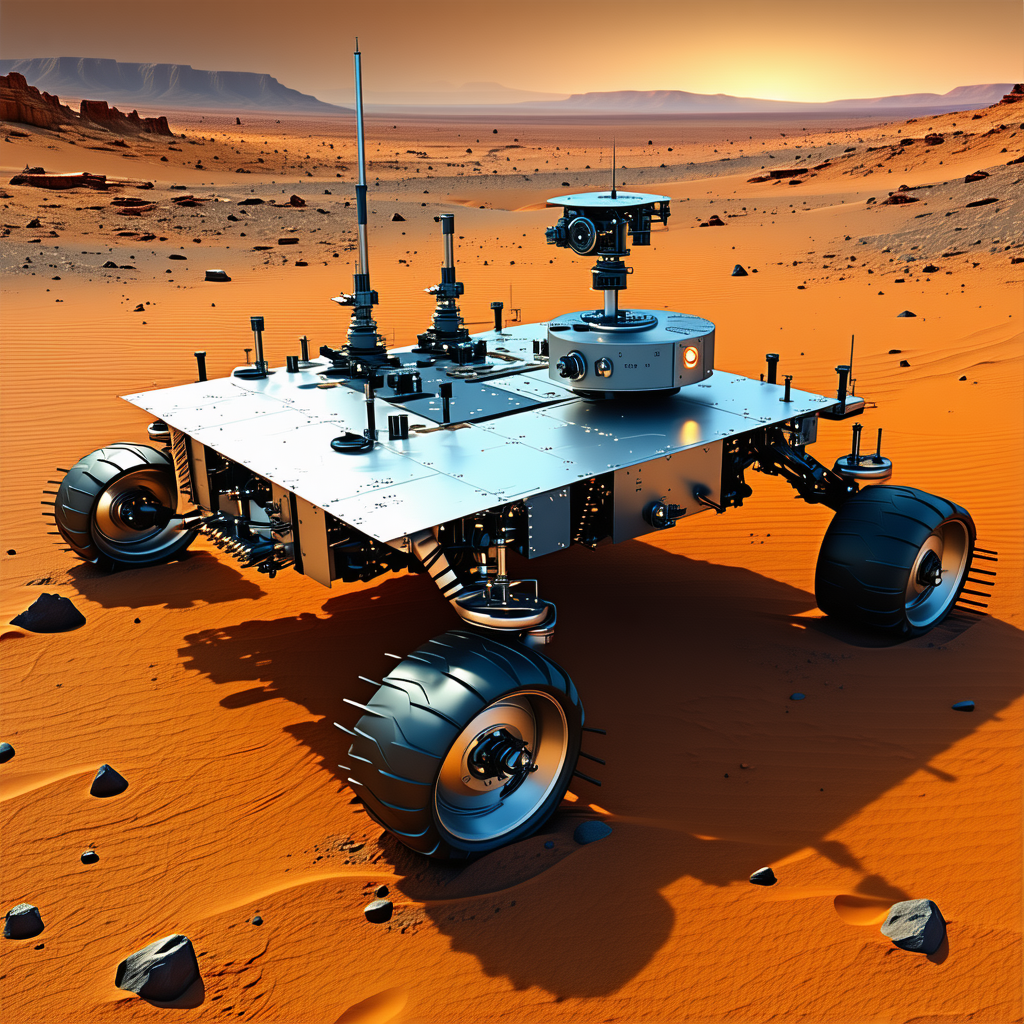 A Large, Four-wheeled Vehicle, Possibly A Robot Or A Rover, Driving Across A Desert-like Terrain