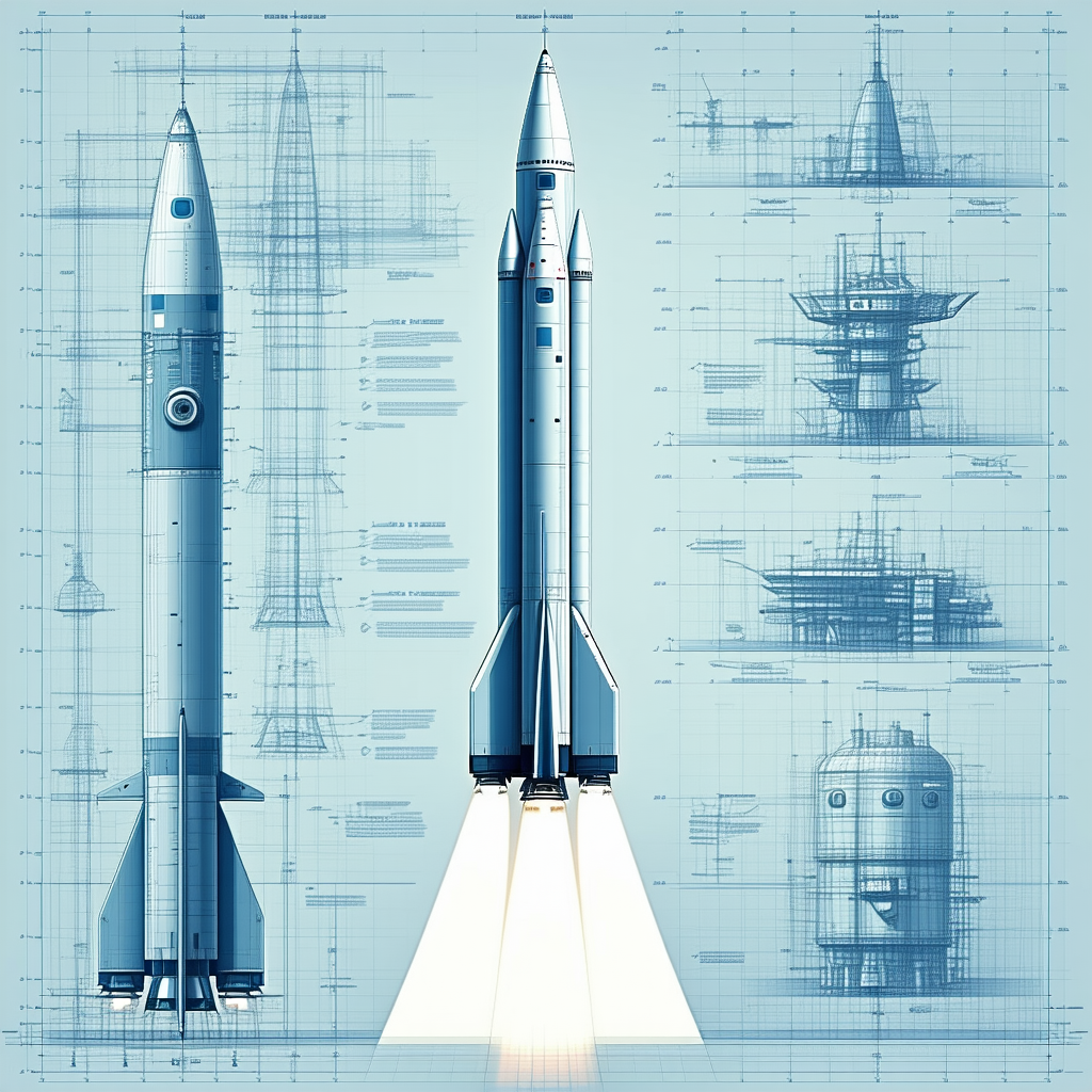 A Rocket Ship Is Shown In A Blue And White Drawing