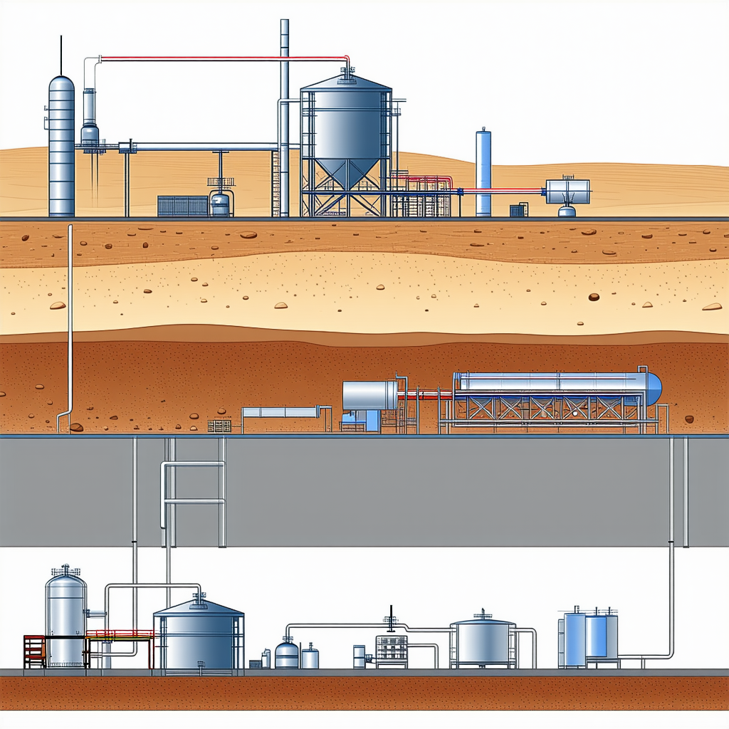The Image Is A Drawing Of A Factory With Various Pipes And Equipment