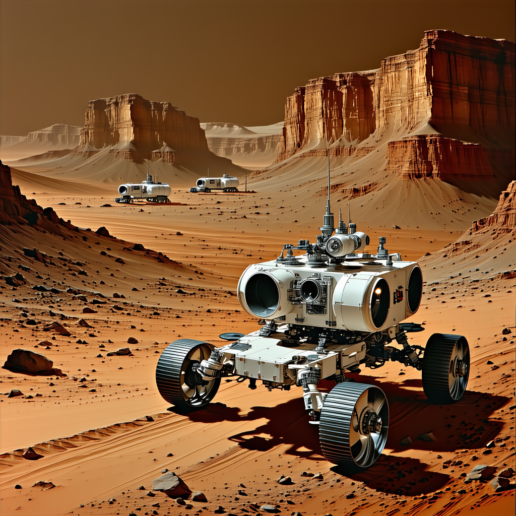A White Robotic Vehicle, Possibly A Rover, Driving Across A Rocky Terrain