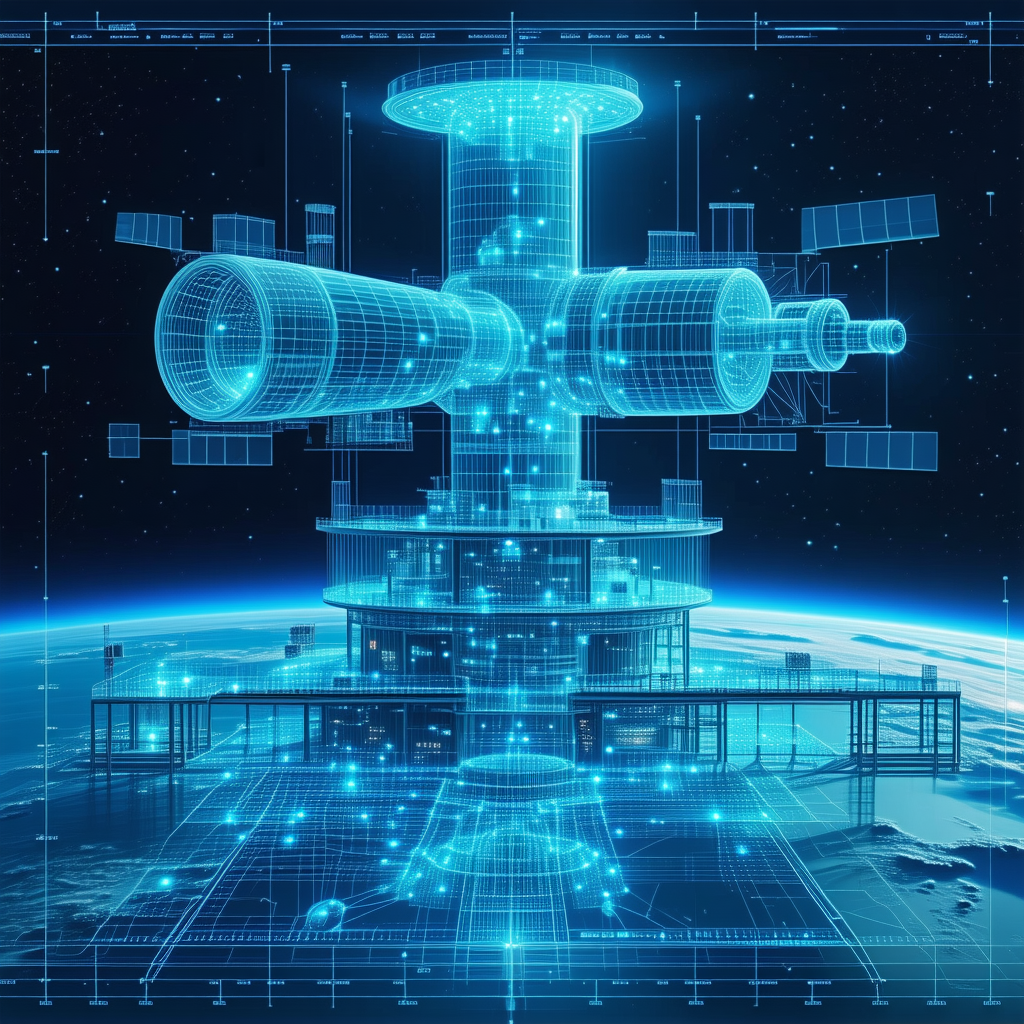 A Futuristic Space Station Is Depicted In A Blue And White Color Scheme